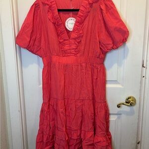 Umgee Coral-Pink Ruffle V-Neck Tiered Midi Dress